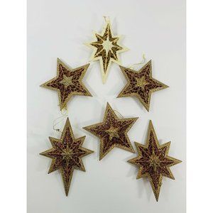 Vintage Set Of 6 Christmas Star Ornaments Assorted Size Wooden Glittery Gold